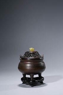 A Bronze Tripod Censer and Cover with Jade Finial
