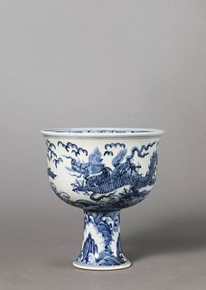 A Blue and White Dragon Stem Bowl