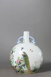A Famille Rose Flower and Peacock Moon Flask
