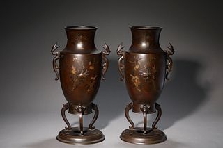 A Pair of Bronze Dragon Double-Eared Vases