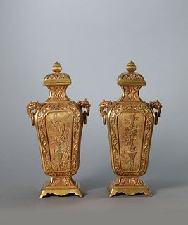 A Pair of Gilt Bronze Flower Square Vases