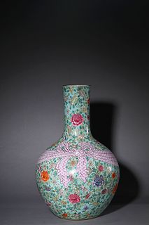 A Famille Rose Butterfly and Flower Tianqiuping Vase