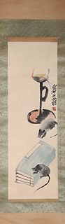 A Chinese Mouse Painting Paper Scroll, Qi Baishi Mark