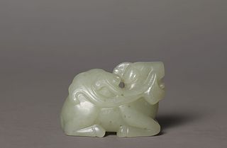 A Carved White Jade Mythical Beast and Lingzhi Ornament