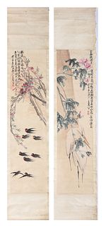 Two Chinese Flower and Bird Painting Scrolls, Wang Zhen Mark