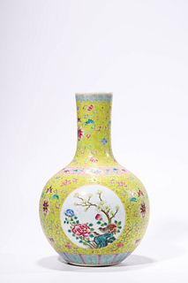 A Famille Rose Yellow-Ground Peony Tianqiuping Vase