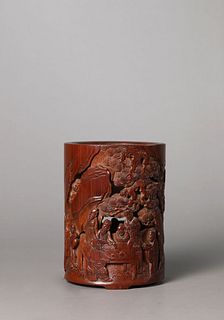 A Carved Bamboo Figure Brush Pot with Inscription
