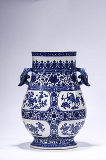 A Blue and White Fruits and Flower Phoenix-Eared Zun Vase