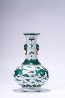 A Green Enamel Twin Dragon Double-Eared Vase