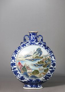 An Underglaze Blue and Famille Rose Landscape and Figure Moon Flask