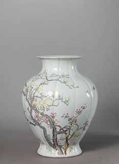 A Famille Rose Plum Blossom Melon-Shape Vase