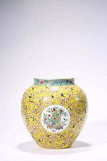 A Yellow Ground Famille Rose Plum Blossom Shou&Fu Jar
