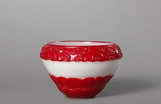 A Red Overlay White Glass Lotus-Petal Alms Bowl