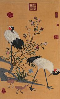 A Chinese Silk Kesi Crane and Pine Panel