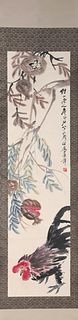A Chinese Rooster Painting Paper Scroll, Qi Baishi Mark