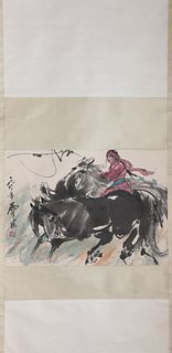 A Chinese Horse and Figure Painting Paper Scroll