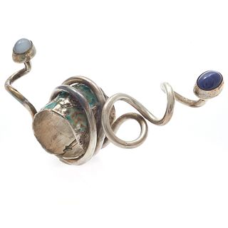 Biomorphic Moonstone, Synthetic Star Sapphire, Silver Ring