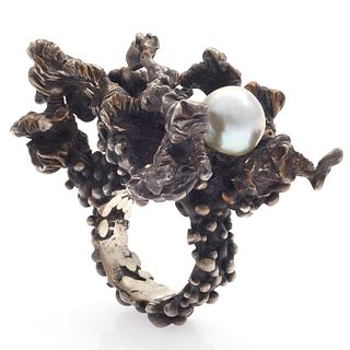 Brutalist Cultured Pearl, Sterling Silver "Coral" Ring