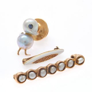 Collection of Three Pearl, Enamel, Yellow Gold Pins
