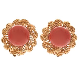 Pair of Coral, 14k Yellow Gold Earrings