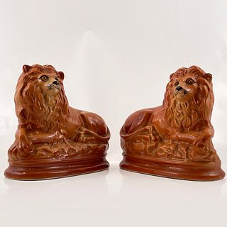 Pair Staffordshire Pottery Lions 19th Century