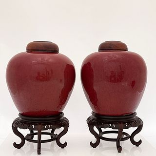 Chinese Pottery Oxblood Glazed Covered Jars