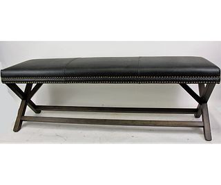 BLACK LEATHER BENCH WITH NAILHEAD TRIM