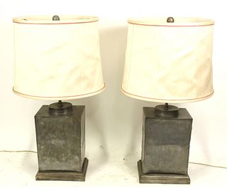 PAIR OF ANTIQUE PEWTER TEA CANS NOW LAMPS