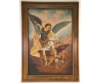 ST. MICHAEL OIL ON CANVAS PAINTING