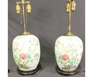 PAIR OF ANTIQUE FAMILLE ROSE PORCELAIN JAR LAMPS