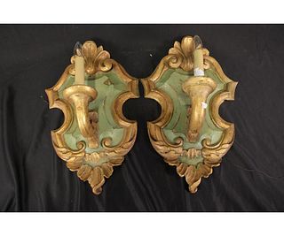 PAIR OF ANTIQUE GILDED & PAINTED WALL  SCONCES