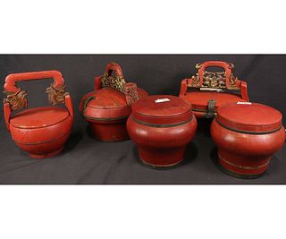 SET OF FIVE CHINESE RED LACQUER BASKETS