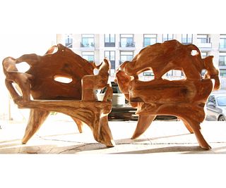 PAIR OF HAND HEWN TREE ARMCHAIRS