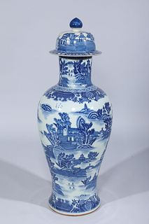 Tall Chinese Blue & White Covered Porcelain Vase