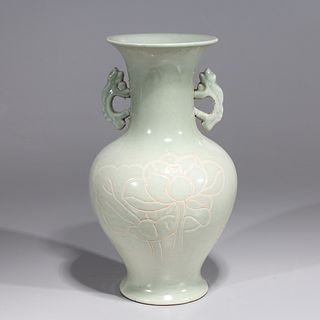 Chinese Celadon Glazed Green  Porcelain Vase with Handles
