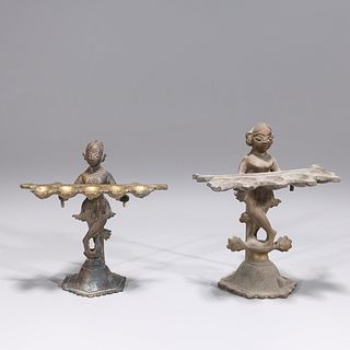 Pair of Antique Indian Bronze Oil Lamps