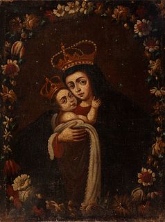 Spanish School, XVIII century. 
"Virgin with Child and floral garland". 
Oil on burlap.