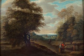 Dutch school of the XVII century. 
"Landscape with figures". 
Oil on panel.