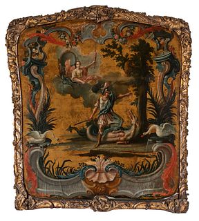 French or Spanish work; circa 1760. 
"Mythological Scene." 
Oil on wood panel.