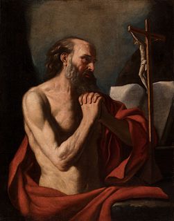 Circle of IL GUERCINO (Cento, Italy, 1591-Bologna, 1666); second half of the 18th century. 
"Penitent St. Jerome." 
Oil on canvas. Preserves original 
