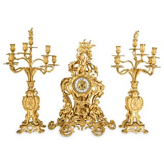 Antique French Bronze Mantel Clock & Garniture Set