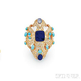 18kt Gold, Lapis, Diamond, and Turquoise Brooch