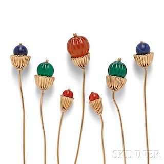 Seven 14kt Gold and Hardstone Hat Pins, Cartier