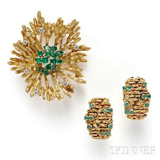 18kt Gold and Emerald Brooch and Earclips