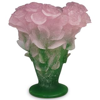 Large Daum Pate De Verre Crystal "Rose" Vase
