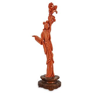 Chinese Coral Carved Guanyin Figure