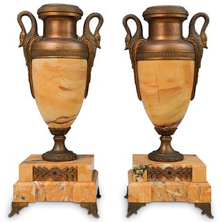 Antique French SIenna Marble & Bronze Urns