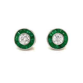 Platinum Diamond Emerald Target Earrings