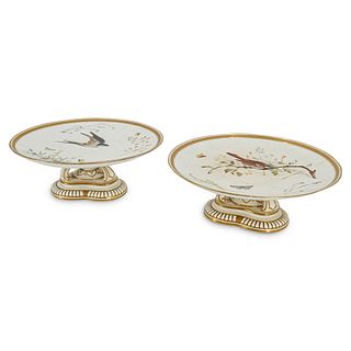 Pair of English Chinoiserie Porcelain Pedestal Plates