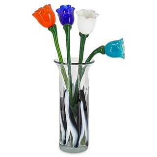 (4Pc) S. Bloom Art Glass Tulips & Vase